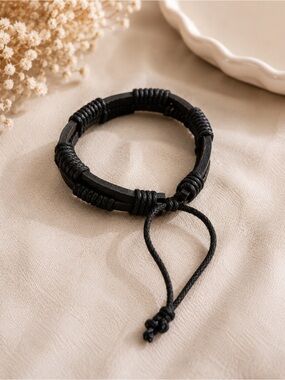 Adjustable Black Leather Wrap Bracelet